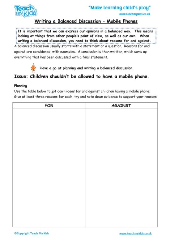 Worksheets for kids - writing-a-balanced-discussion-mobile-phones